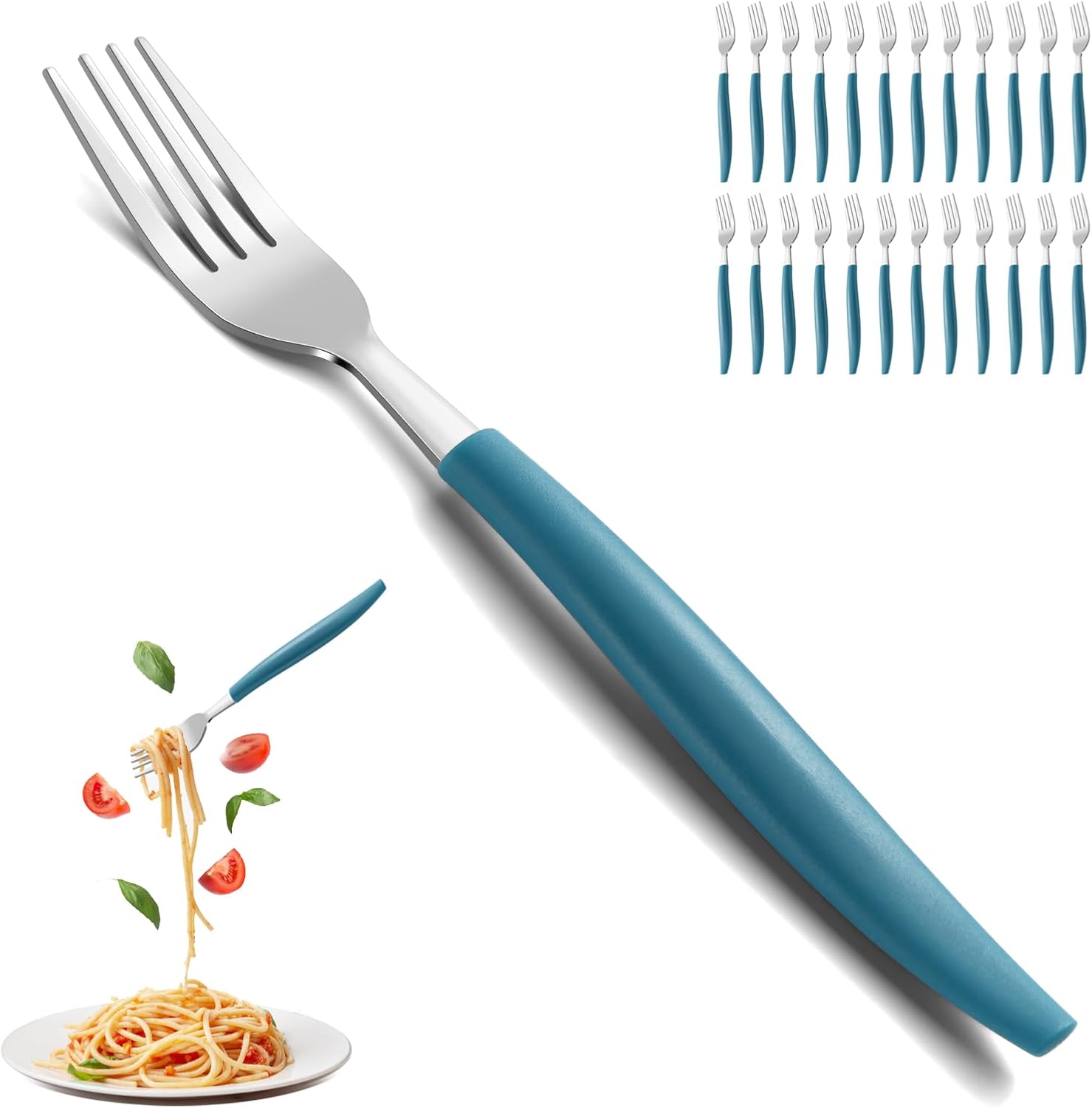 BEWOS 24-Piece Dinner Forks Set, Food-Grade Stainless Steel Forks Silverware, 7.7-Inch Metal Forks Bulk, Dishwasher Safe, Mirror Polished, Blue Plastic Handle Fork for Home, Restaurant