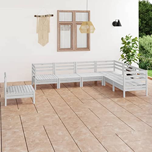 7 Piece Patio Lounge Set,Outdoor Patio Furniture Set All Weather Outdoor Sectional Sofas Wooden Conversation Set for Balcony,Garden and Lawn Solid Pinewood White