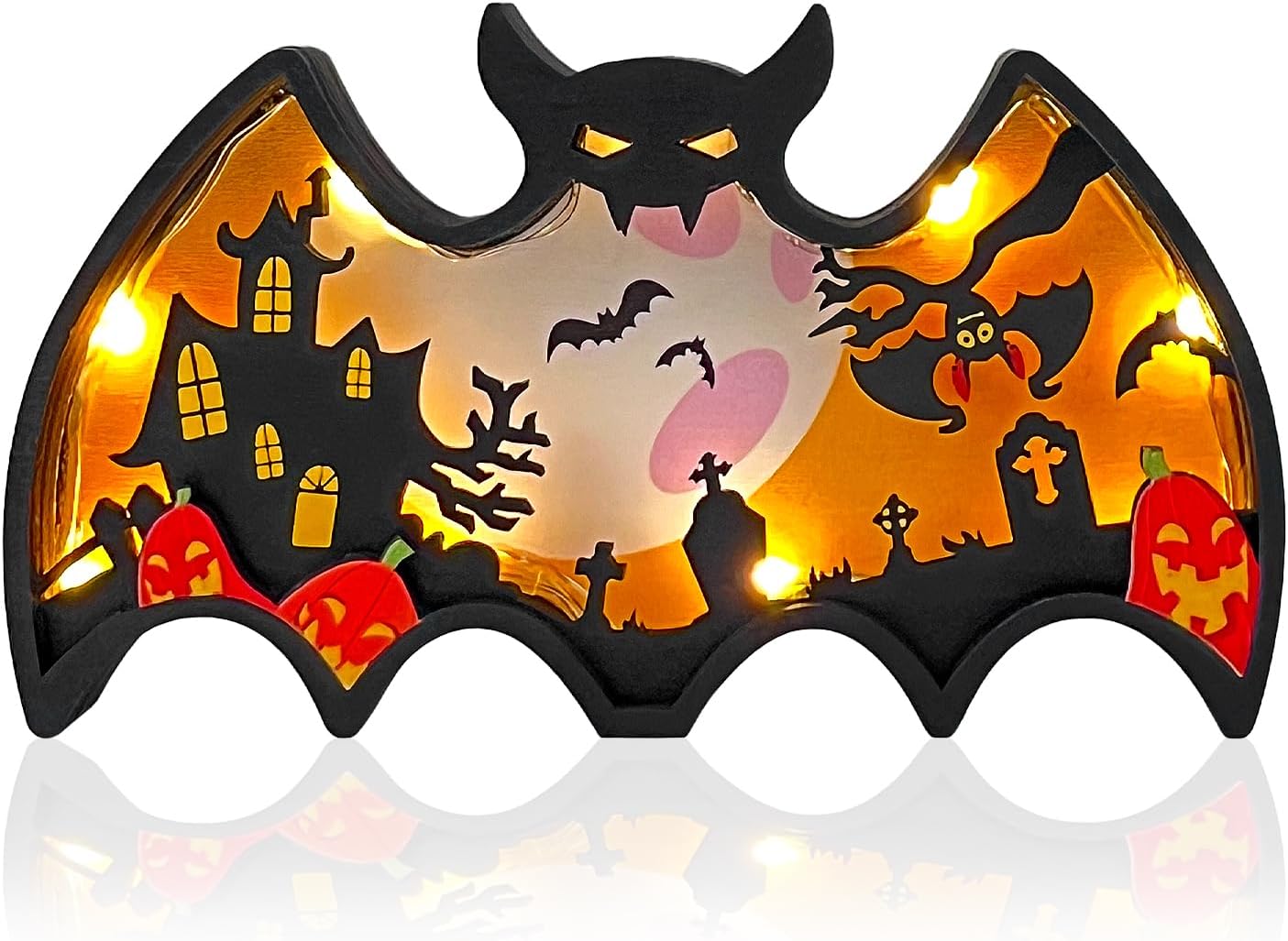 Halloween Wooden Lighted Table Decoration, Light Up Bat Table Ornament Wooden Shadow Box for Halloween Party Dinner Coffee Table Decoration