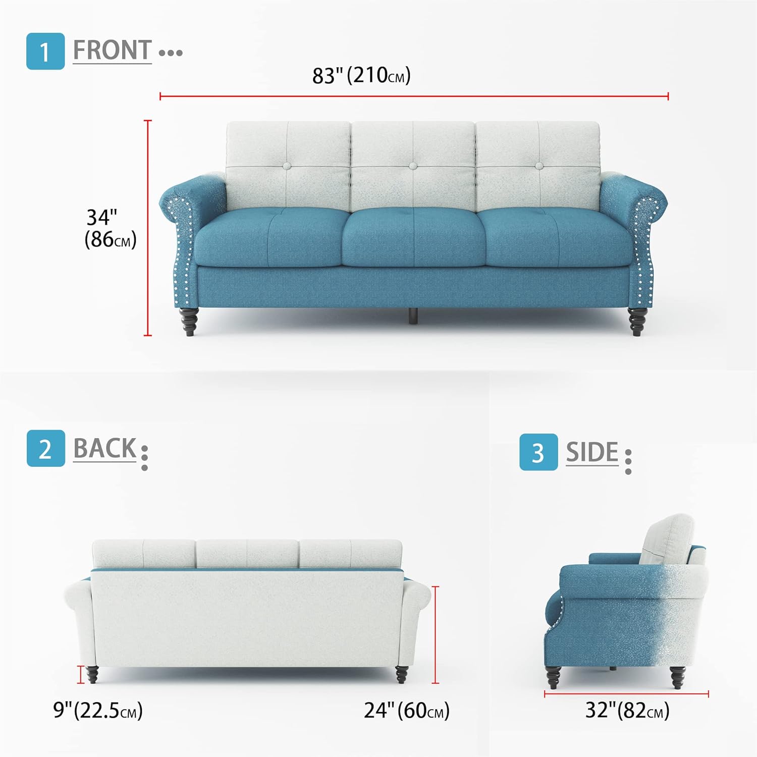 3 Seater Sofa:Comfortable Backrest and Cushions,Suitable for Small Space Apartment,Living Room and Office,83 Inches Blue and Grey Gradient Color Sofas