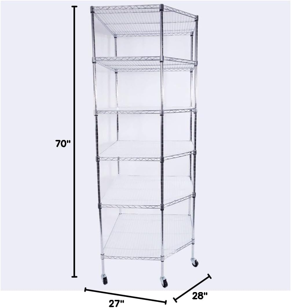 6 Tiers Corner Shelf, Adjustable Metal Storage Wire Shelving Unit Corner Rack Corner Shelving with Wheels for Kitchen, Bathroom and Living Room