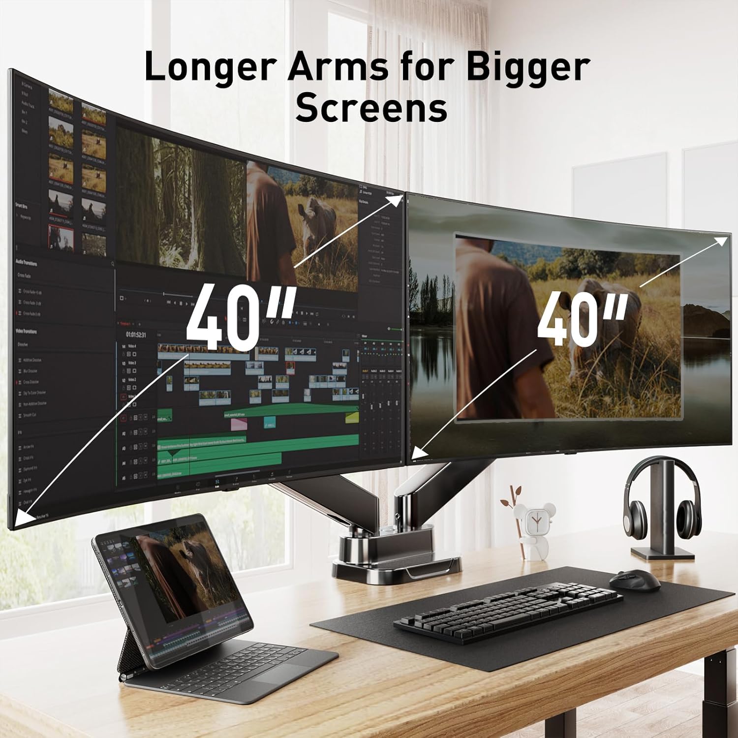 HUANUO Dual Monitor Mount for 40 inch Ultrawide Screens up to 33 lbs, Heavy Duty Dual Monitor Stand with Full Motion Adjustment, Dual Monitor Arm with Tilt, Swivel, Rotation, VESA 75x75 or 100x100mm