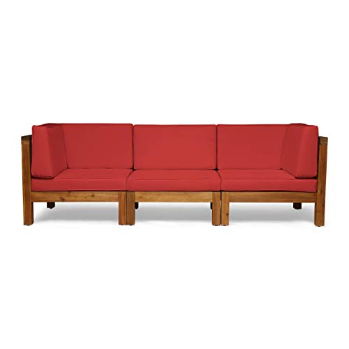GDFStudio Outdoor Sectional Sofa Set - 3-Seater - Acacia Wood - Outdoor Cushions - Teak and Red