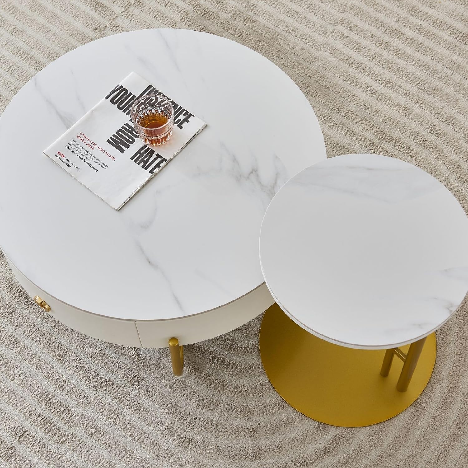 Round Coffee Table Set of 2 End Table for Living Room, 2-Piece Modern Round Coffee Table Set Easy Assembly Nesting Coffee Tables Accent Furniture Tea Table with Metal Frame Bedroom Gold