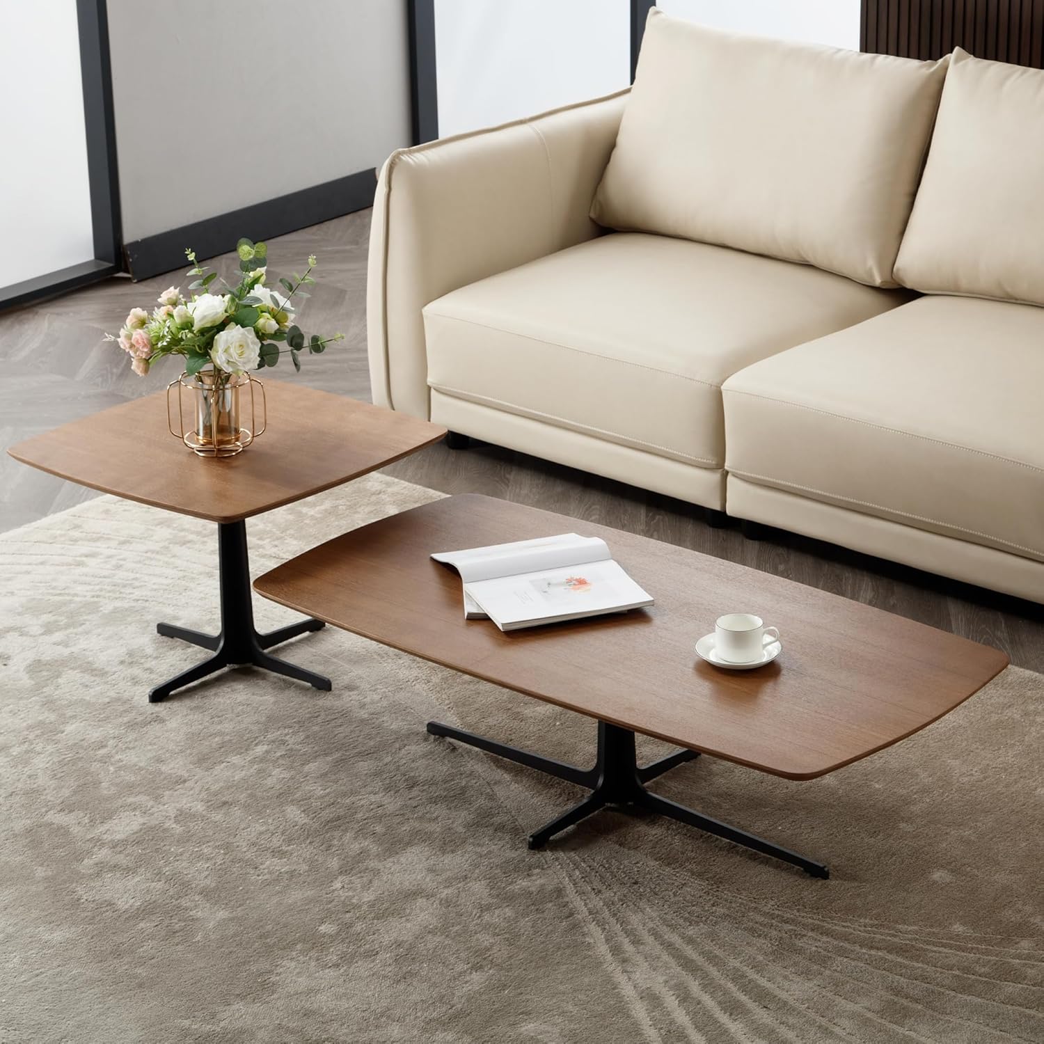 Modern Rectangular Coffee Table Side Table Sets for Living Room Square Nesting Tables Set of 2 for Living Room Reception Room Guests Room, Walnut Color