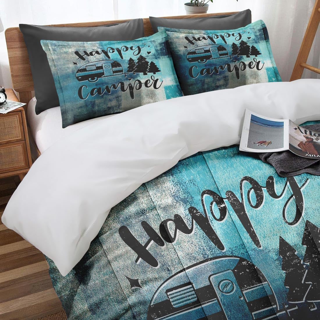 Turquoise Grey Painting Comforter Set Full Size, Happy Camper Teal Soft Bedding Set with 2 Pillowcases for Girls Teens Kids Boys Adults Bedroom Bed Decor,1 Quilt 2 Pillow Cases