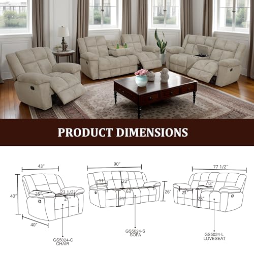 Manual Reclining Sofa Set for Living Room, Corduroy Recliner Couch Set, 3 Pieces Recliner Sofa Set for Living Room/Apartment/Office (Khaki, Sofa+LOVESEAT)