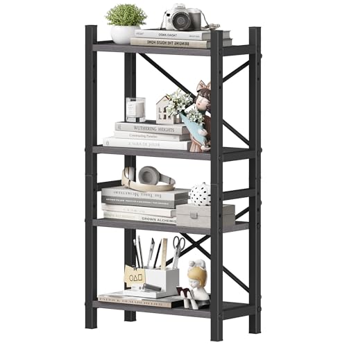 Desktop Bookshelf, 4-Tier Stackable Narrow Desk Bookcase, Adjustable Industrial Desk Organizer Display Shelf, Wood Desktop Book Organizer for Living Room, Bedroom and Home Office-Rustic Brown