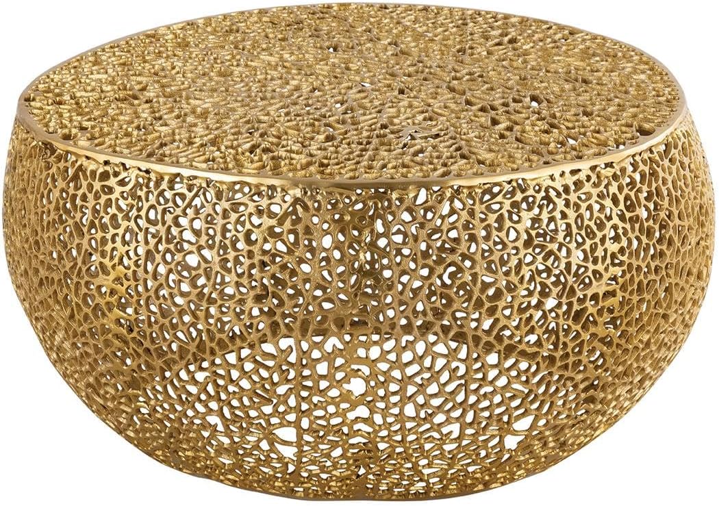 Gold Drum Coffee Table - Glam Coffee Table with Abstract Mesh Pattern and Curved Structure, Unique Coffee Table with Metal Frame, Gold Coffee Tables for Living Room