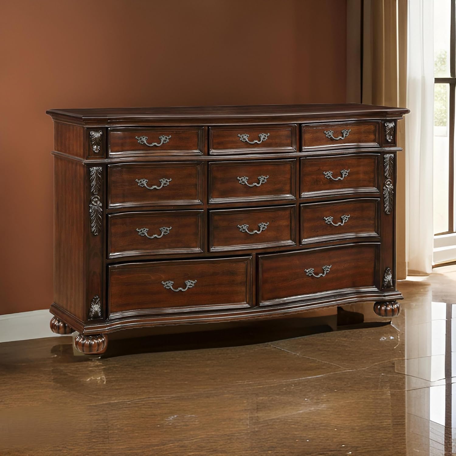 Benjara Nami 66 Inch Dresser, 11 Dovetail Drawers, Metal Handles, Cherry Wood, Brown and Bronze