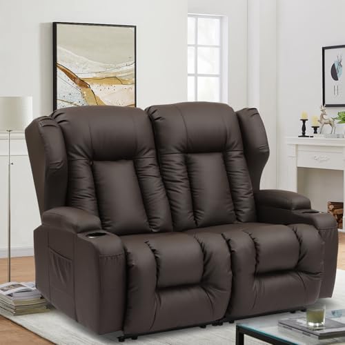 RV Loveseat Recliner Sofa for Home Theater - Ergonomic Reclining Love Seats with Console, Cup Holders, Storage, Lumbar Support - Manual Recliner Chair for Living Room, RV, Home Theater (Beige, 65.5