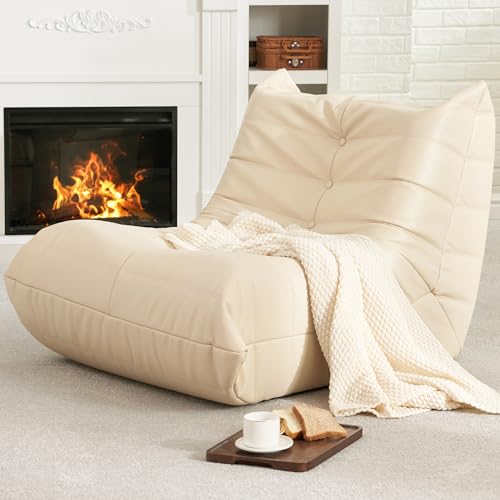 Bean Bag Chair, Giant Bean Bag Sofa, Memory Foam Bean Bag Chairs for Adults, Bean Bag Sofa Sack Faux Leather Fireside Bean Bag for Living Room Bedroom Dorm Office (Khaki)