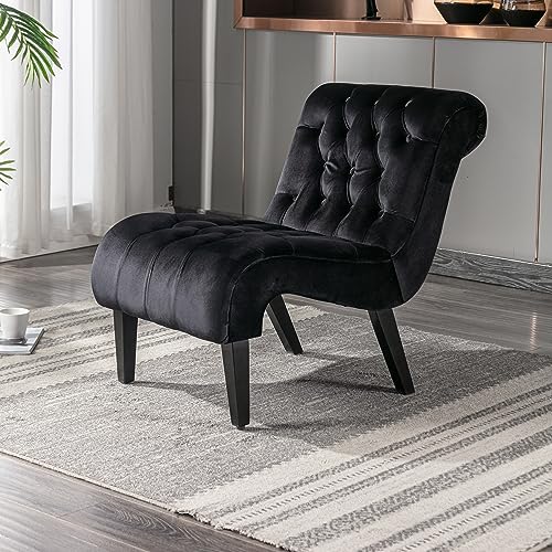 Velvet Accent Living Room Chair Curved Seat, Modern Button Tufted Upholstered Armless Accent Chair with Rubber Wood Legs, Leisure Chair Reading Chair for Bedroom Living Room, Light Blue