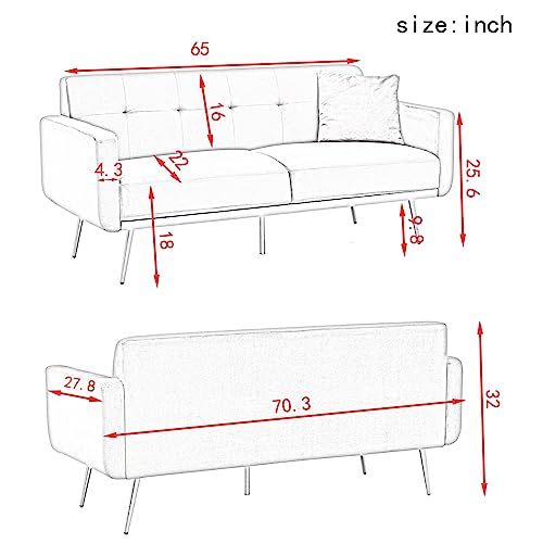 Velvet Futon Sofas Bed and Couch,70 Inches Long, Mid Century Modern Couch Tufted Back Sofa , 2 Throw Pillows, Armrest, 5 Metal Tapered and Wooden Legs for Living Room, Apartment, Bedroom (Green)