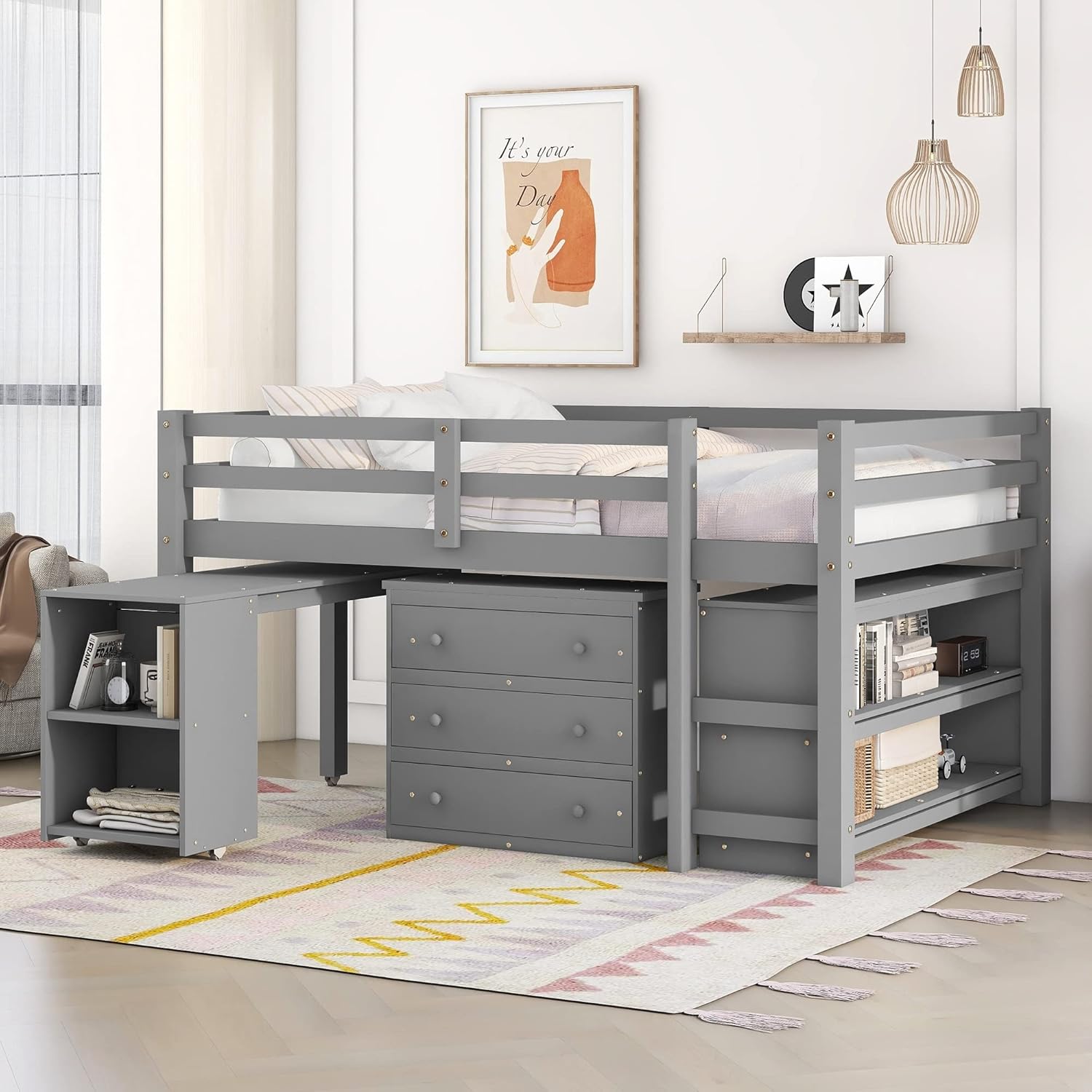 Full Size Low Loft Bed Wood Study Bedframe with Storage Cabinet Desk Grey Modern Contemporary Rustic Unisex Nature Space Natural Finish Hidden Includes Hardware