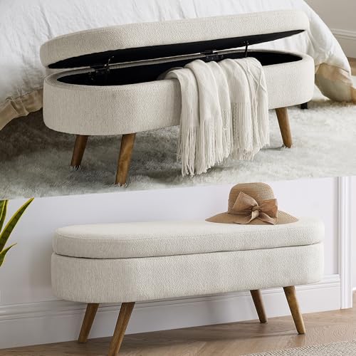 Storage Ottoman Bench, 43.5 Inch Upholstered Fabric Storage Bench for Bedroom End of Bed Aesthetic Oval Storage Ottoman with 250lb Seating and Safety Hinge Flip Top