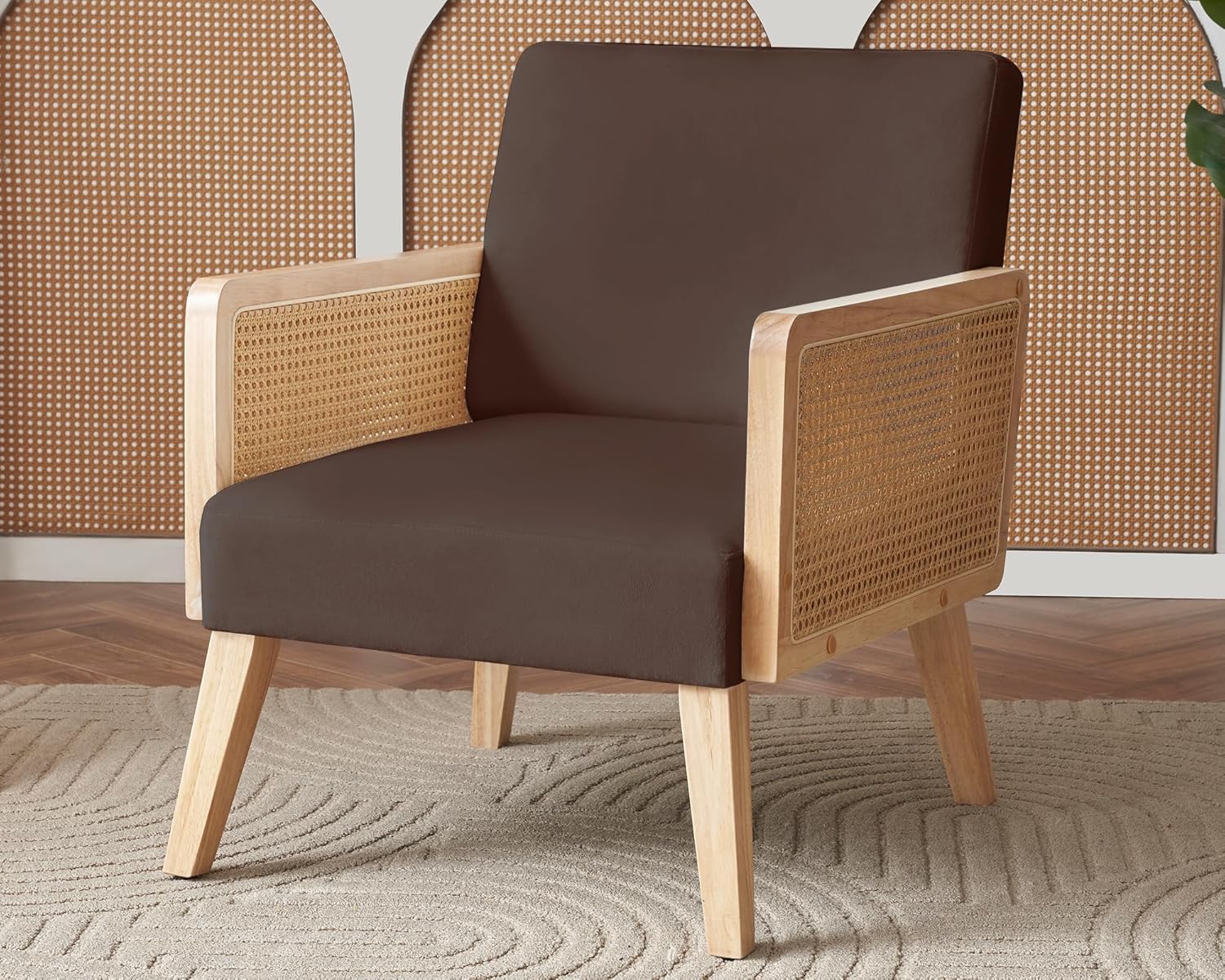 AMERLIFE Rattan Chair, Accent Chair with Rattan Armrest, Armchair for Livingroom, Bedroom, Home Office, Velvet Brown Comfy Chair