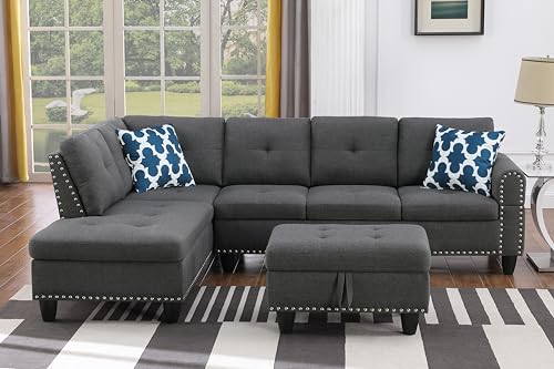 Sofa Sleeper Modern Upholstered L-Shape Reclining Sectional, Extra Wide Chaise Lounge Couch with 2 Cup Holders and Storage,Linen Fabric L Shape for Apartment and Small Space,Dark Gray