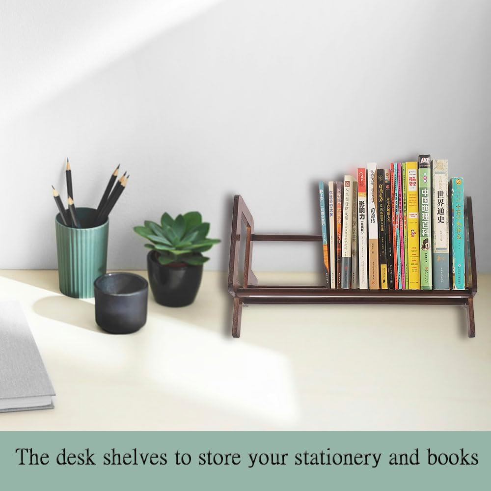 Bamboo Tabletop Bookshelf Table Top Bookshelf Tilting Bookcase Desk Shelves Desktop Storage for Books Magazine CD, Recipe Display,Tiny Bookshelf and Storage Rack in Office and Home(Brown Colour)