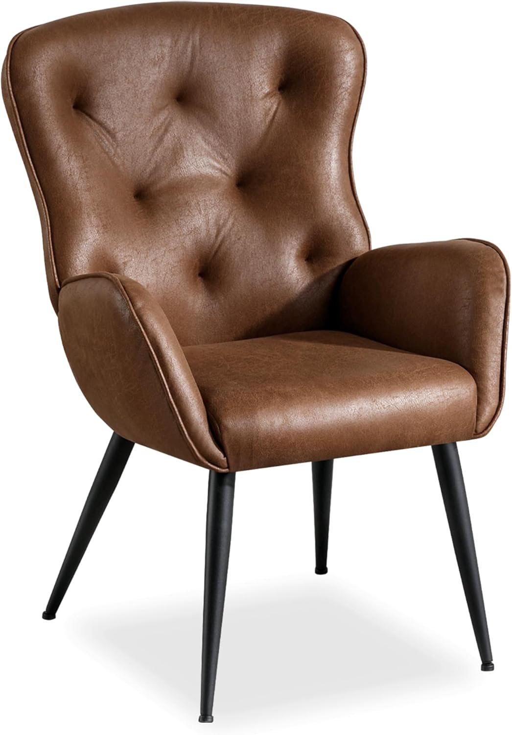 Suede Leather Accent Chair in Modern Style, Comfy Vintage Tufted Wingback Chair with Metal Legs, High Back Design Armchair for Living Room, Bedroom, and Office(Brown)