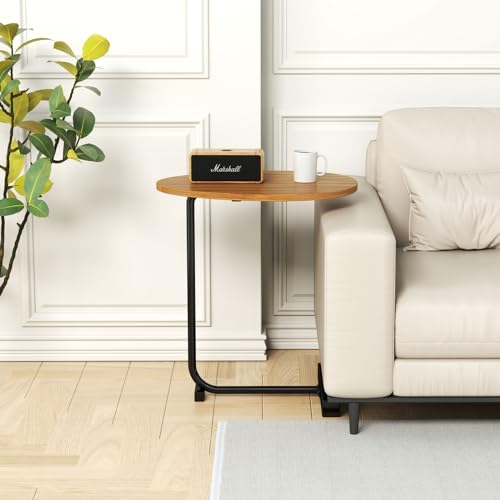 C Shaped End Table, Modern C Shaped Side Table for Sofa and Bedside, Wood C Table End Table Small Couch Side Tables That Slide Under, C Table for Bedroom Living Room, 18”L X 12”W (Rust brown)