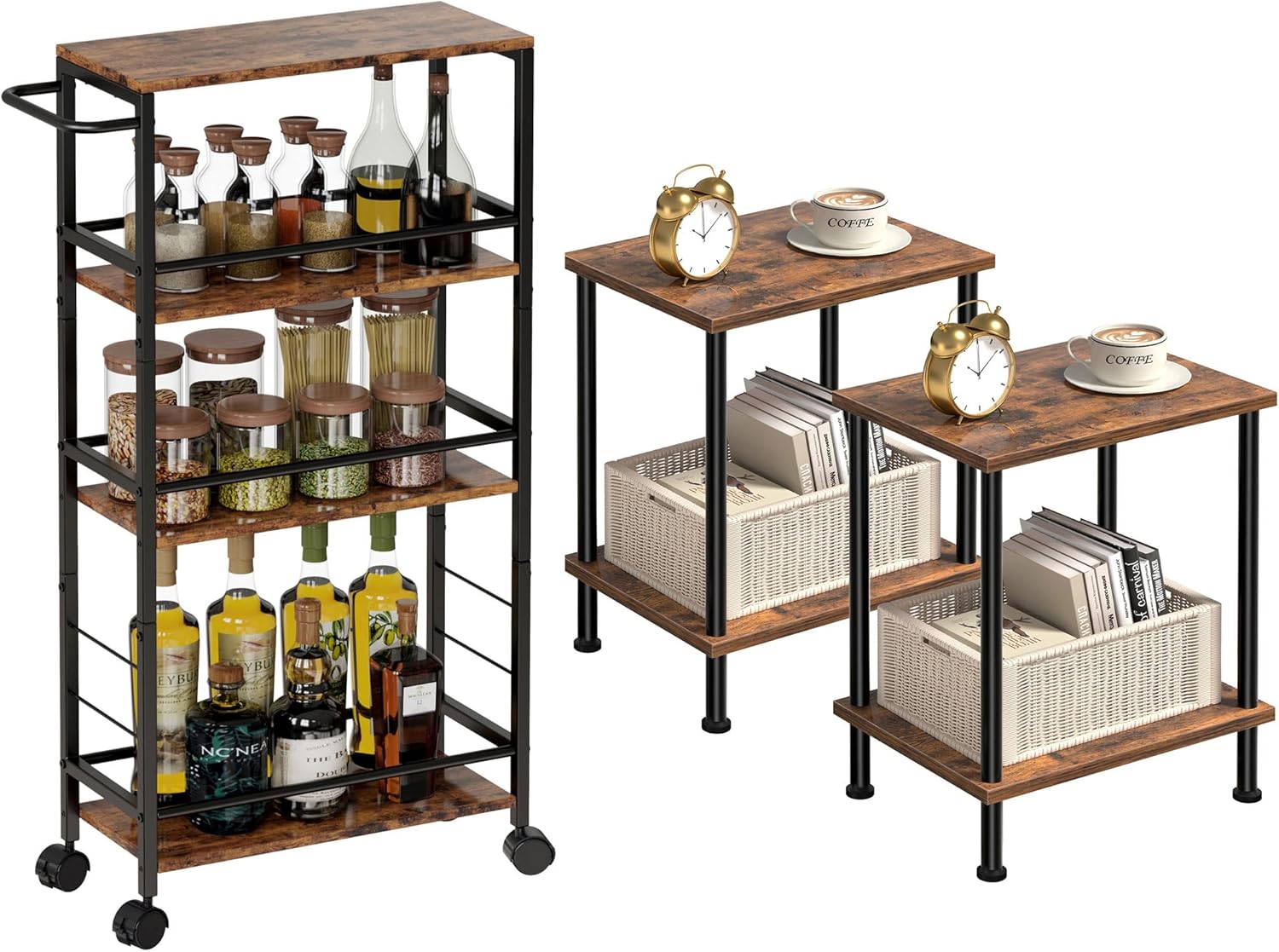 Small End Table Set of 2 & 4-Tier Narrow Kitchen Storage Carts