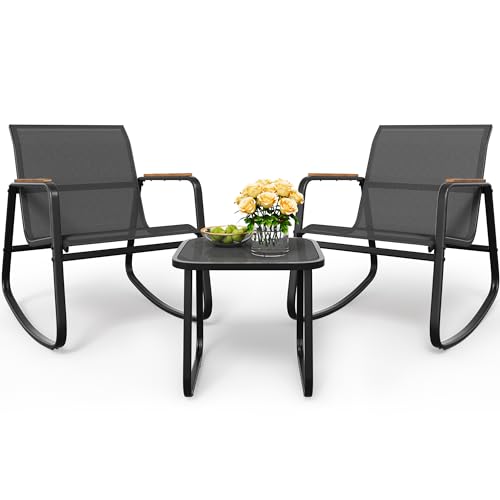 YITAHOME 3 Piece Rocking Bistro Set, Outdoor Patio Furniture Set with Wooden Armrests, Porch Chairs Set with Glass Table for Lawn, Garden, Balcony, Poolside, Dark Gray