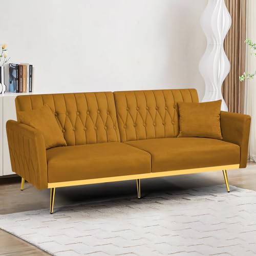 70” Velvet Futon with Adjustable Backrest and Armrests, Sofa Bed with with Extra Pillows for Waiting Room, Living Room and Office, Olive Green