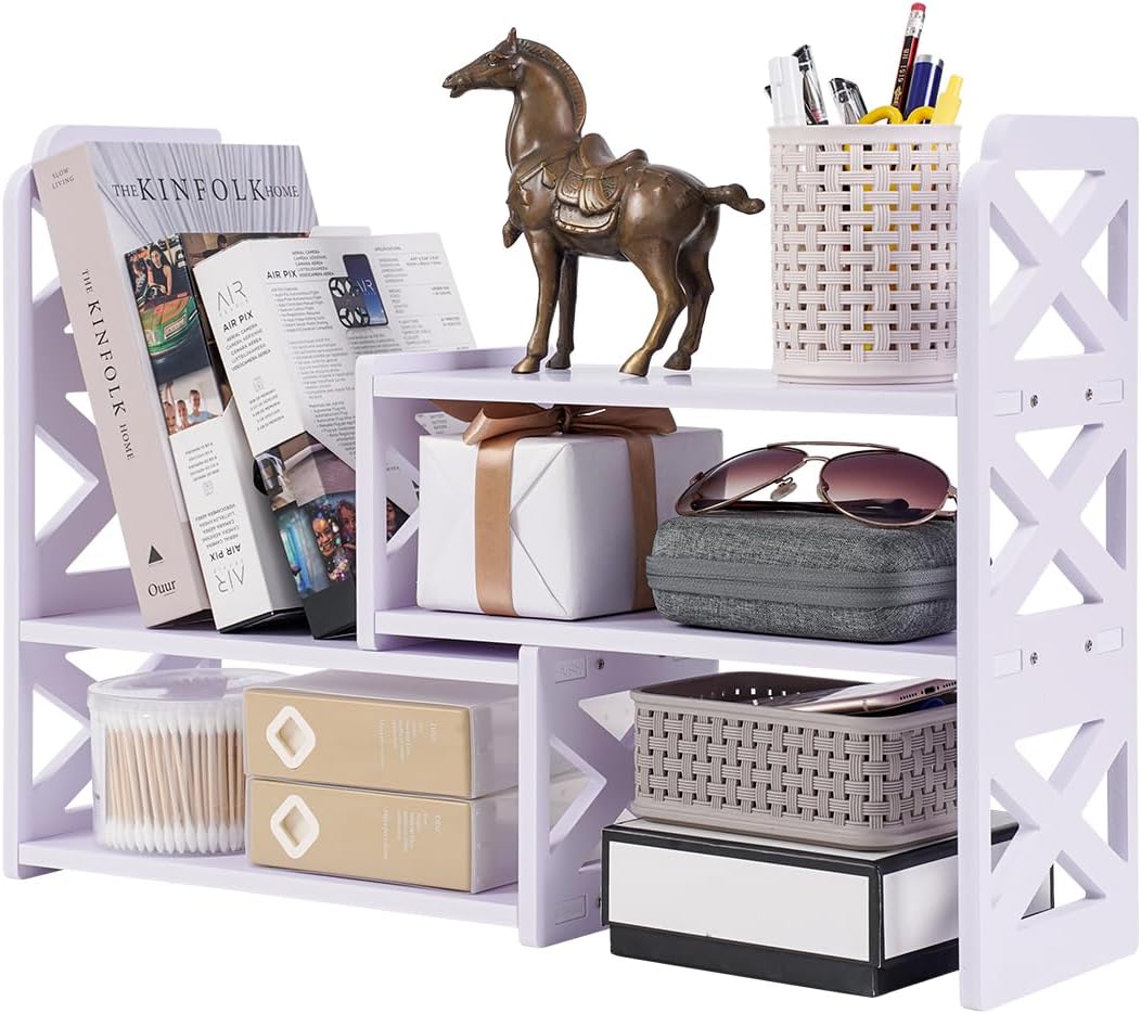 Desk Organizer Expandable Bookshelf White Adjustable Small Bookshelf for Desktop Storage Mini Cute Office Desk Shelves for Classroom Office Dormitory Home