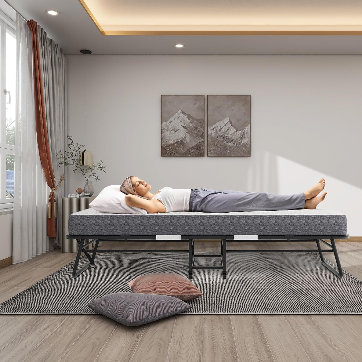 Folding Bed with Mattress Portable Foldable Rollaway Adult Bed for Guest Twin Size 75x38 inches Fold-up Metal Bed Frame with Memory Foam Mattress