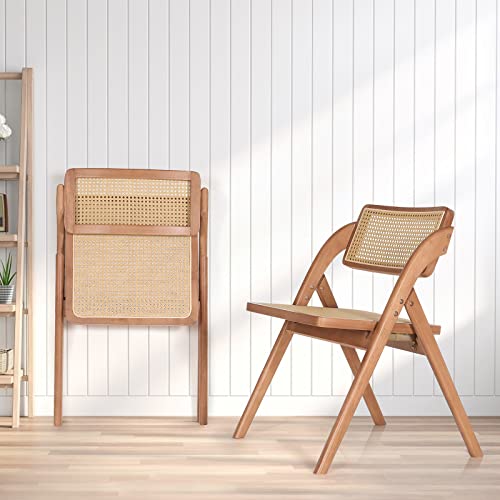 Folding Chair Solid Wood Rattan Chairs, Mid-Century Modern Rattan Dining Chairs with Cane Back Handmade for Living Room, Bedroom, Garden, Balcony, Office, No Assembly Required (Black)