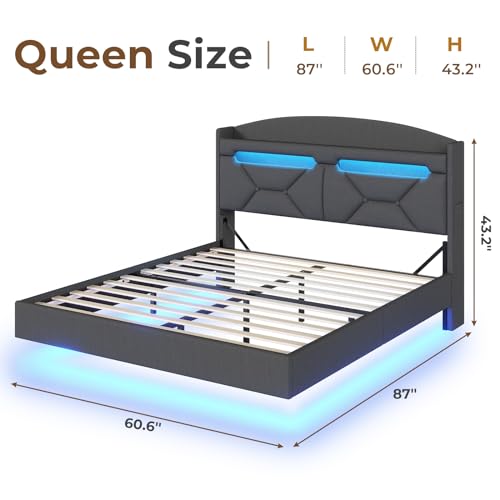 ADORNEVE Floating Bed Frame Queen with Hidden Storage Headboard, Floating LED Bed Frame with Charging Station, Upholstered Leather Platform Bed with Storage, No Box Spring Needed, Black