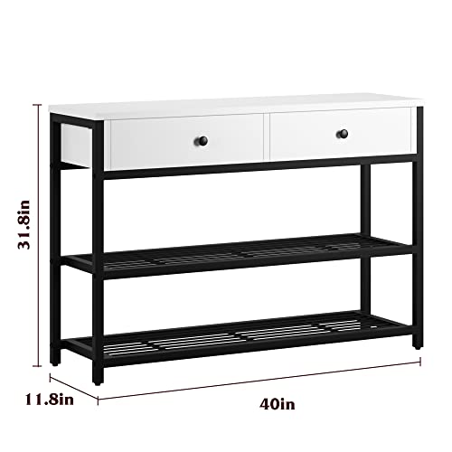 Console Table with 2 Drawers, Entryway Table, 3-Tier Rustic Hallway Table with Metal Frame, Narrow Wood Accent Sofa Table with Storage Shelf for Entryway, Front Hall, Hallway, Living Room White