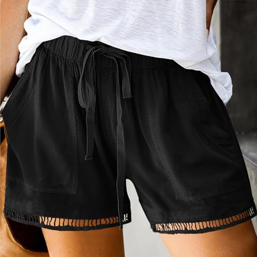 Linen Shorts for Women High Waisted Solid Color Elastic Drawstring Bottoms Loose Fit Casual Beach Shorts with Pockets
