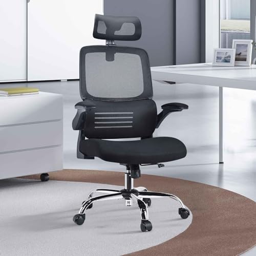 Ergonomic Office Chair Mesh Desk Chair with Adaptive Lumbar Support, Dual Backrest Zones, Computer Chair with Flip-Up Armrests High Back for Studio, Home Truly Widened and Enlarged(Color:Black-white)