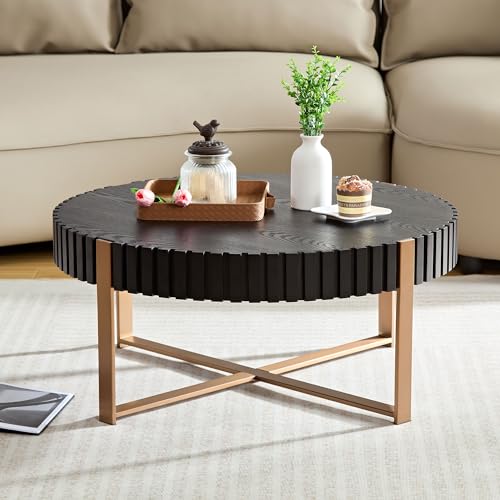 LUMISOL Modern Handcraft Drum Coffee Table, 31.5inch Round Coffee Table with Metal Frame, Small Side Table with Sturdy Pedestal for Living Room, Walnut
