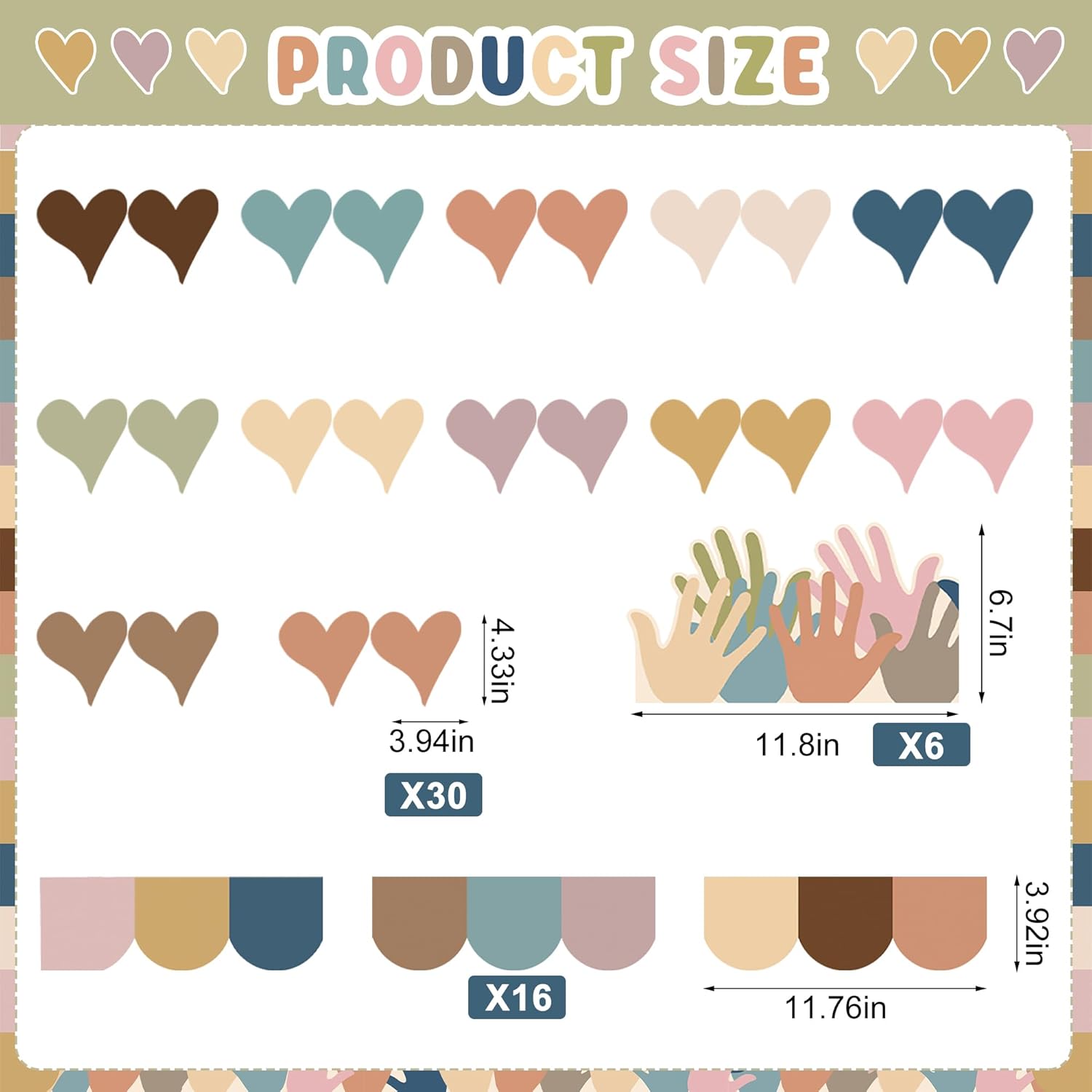 Boho Heart Bulletin Decor Classroom Bulletin Board Decoration Set Heart Hand Paper Cutouts for Classroom Office Home Wall Party Supplies, 52 Pcs