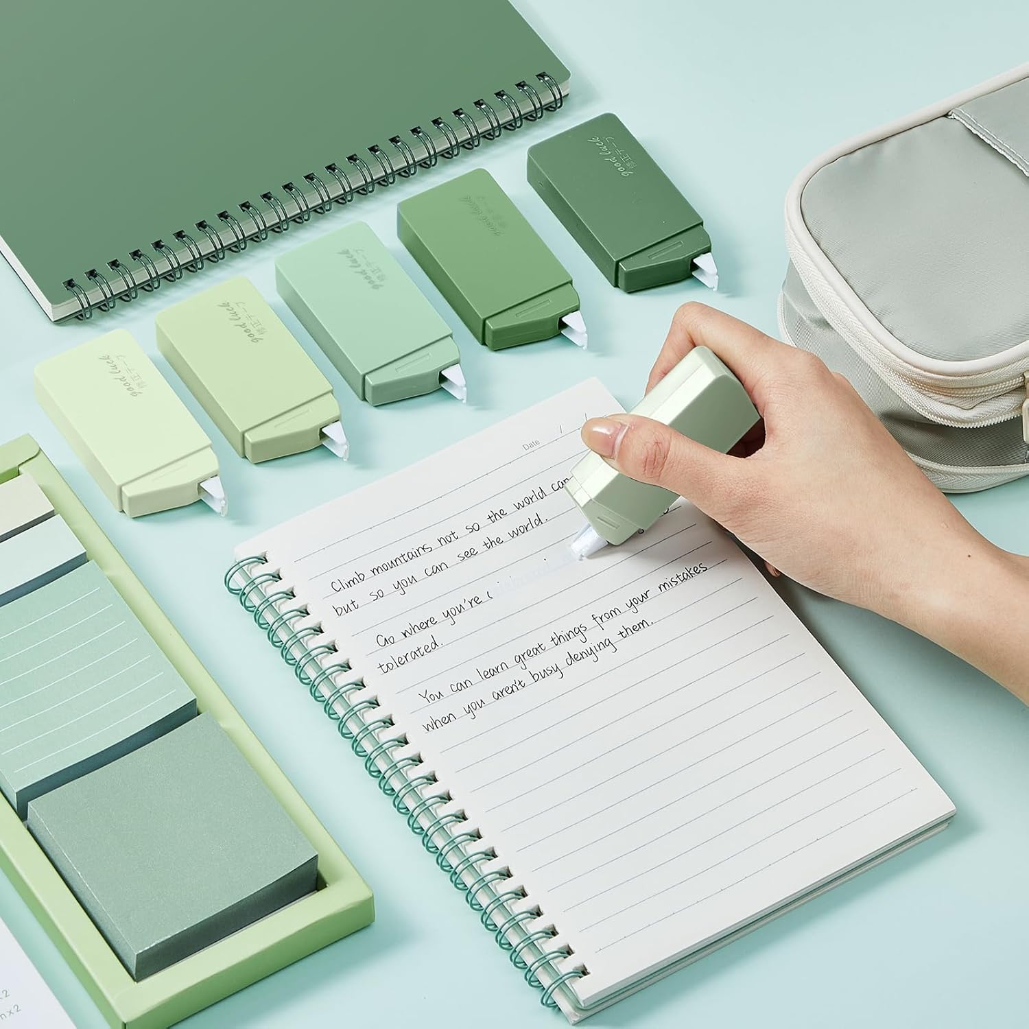 16 Pcs Green School Supplies Cute Large Pencil Case 6 Retractable Black Ink Gel Pens 2 Ruled Spiral Notebook 6 Correction Tape 480 Sheets Sticky Notes Aesthetic Stationery Set for Study Office