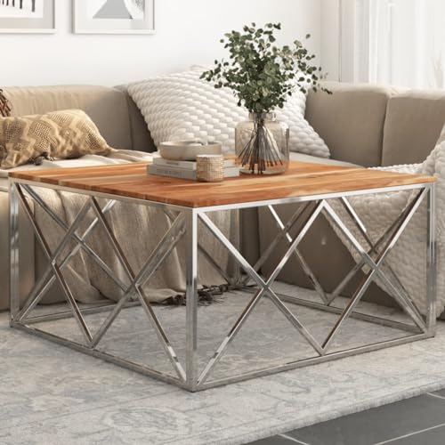 Coffee Table Silver Stainless Steel and Solid Acacia Wood,Acacia Wood and Stainless Steel Round Coffee Table with Silver Frame for Modern Living Rooms Accent Coffee Tables for Home & Kitchen