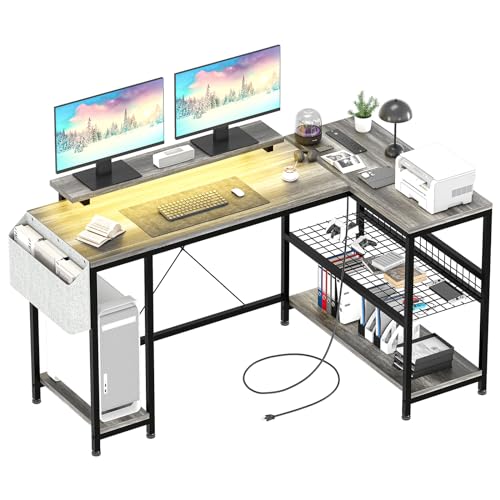 L Shaped Computer Desk with Power Outlets & LED Light, 49.6