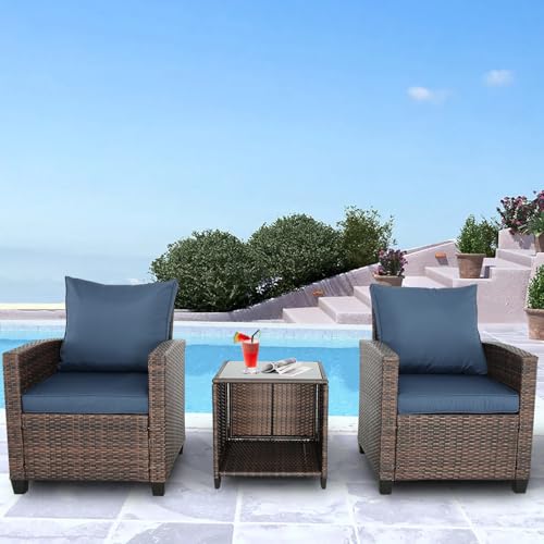 3 Pieces Patio Furniture Set Balcony Furniture PE Rattan Wicker Outdoor Sofa Set with Washable Cushion and Tempered Glass Table to for Balcony,Garden and Poolside (Brown+navy Blue)