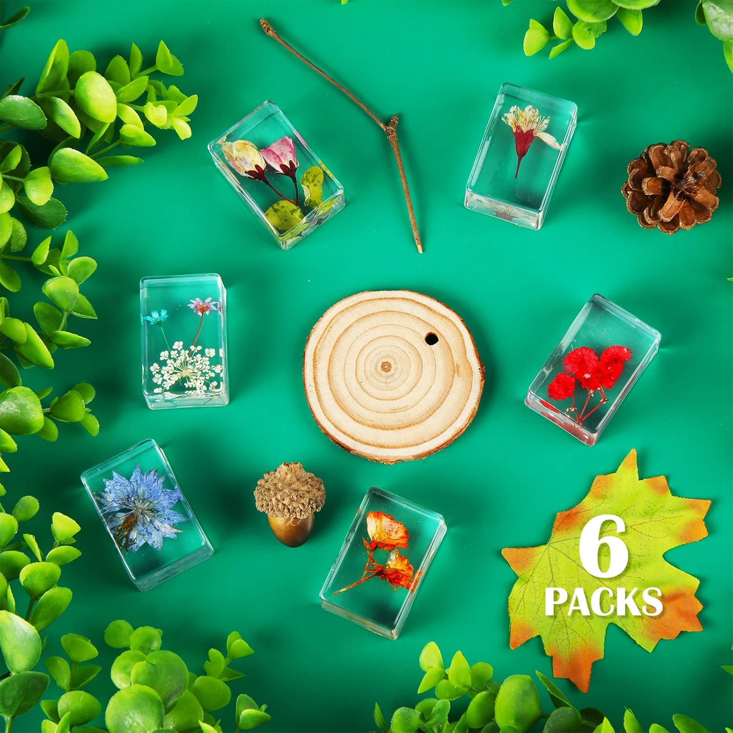 6 Pieces Pressed Flower Paperweight Flower in Resin Specimen Collection for Desk Real Flowers Samples Paper Weights Square Paperweight Cube for Kids Scientific Educational Toy, Office Table Decor