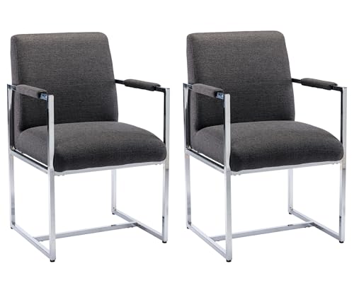 VESCASA Faux Leather Upholstered Dining Chairs with Chrome Metal Legs, Modern Dining Chairs with Padded Back and Arms for Kitchen, Dining Room, Set of 2, Grey