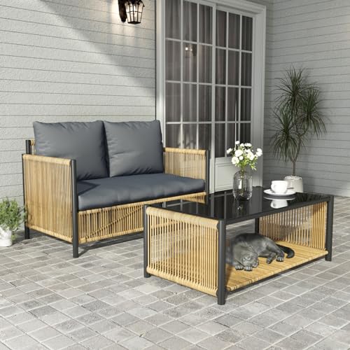 Backyard Furniture, 2 Piece Wicker Patio Chairs and Table Furniture Set, Outdoor Conversation Set for Outside Furniture Apartment Balcony Backyard Porch Garden Pool Deck(Black Brown)