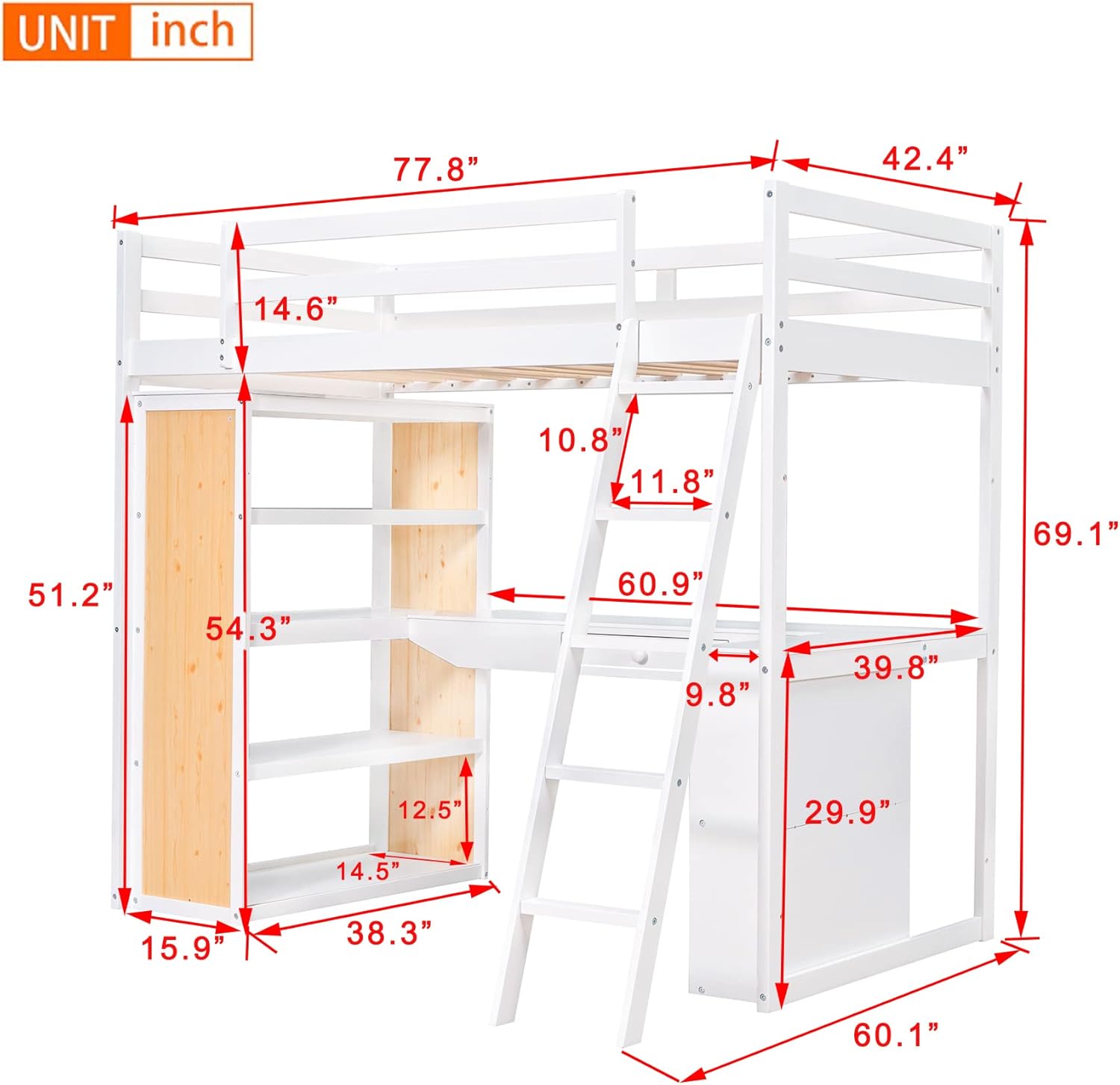 Twin Size Loft Bed with Ladder, Shelves, and Desk, White