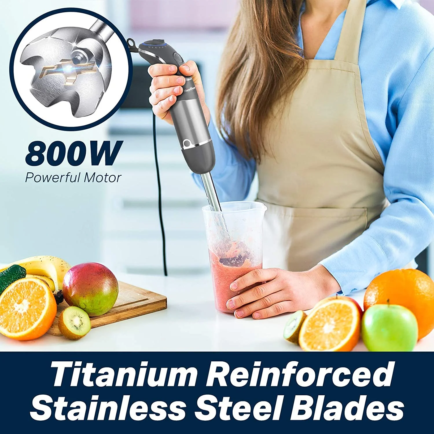 Mueller Austria Hand Blender, Smart Stick 800W, 12 Speed and Turbo Mode, 3-in-1, Titanium Steel Blades, Comfygrip Handle, with Whisk, Chopper/Grinder Bowl and Beaker/Measuring Cup