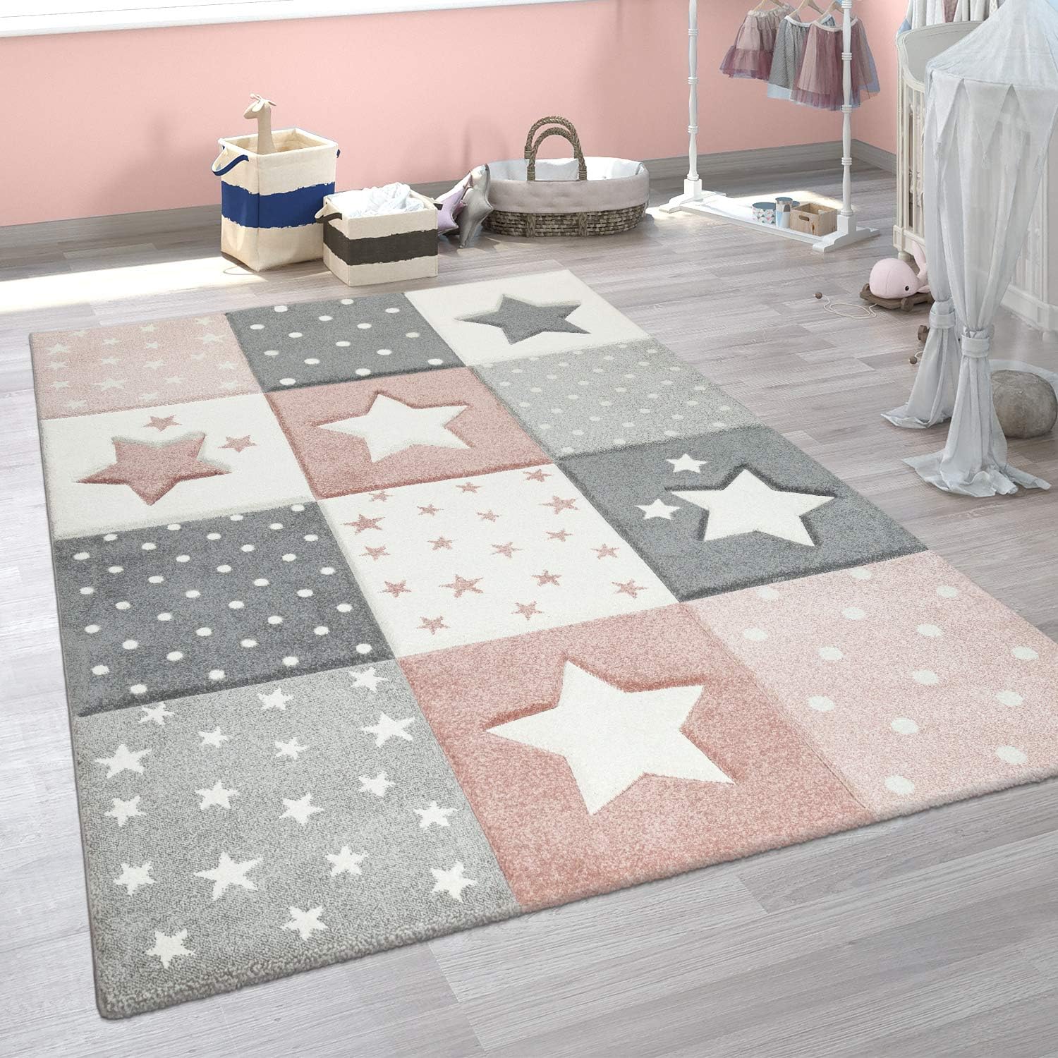Paco Home Kids Rug for Nursery Checkered with Dots & Stars in Pink White Grey, Size: 7'10