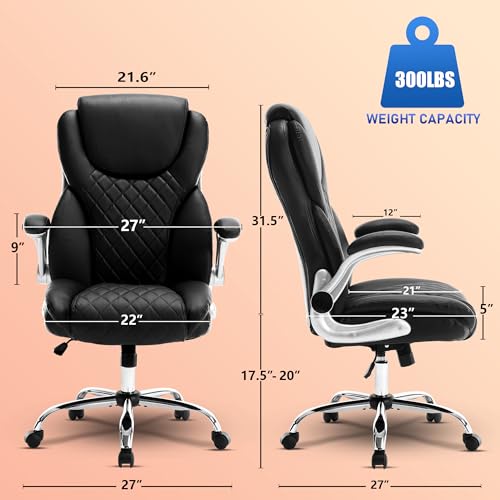 Ergonomic Executive Leather Office Chair with Flip-Up Arms, Lumbar Support, Adjustable Headrest, and Rocking Function for Home Office Desk (Brown)