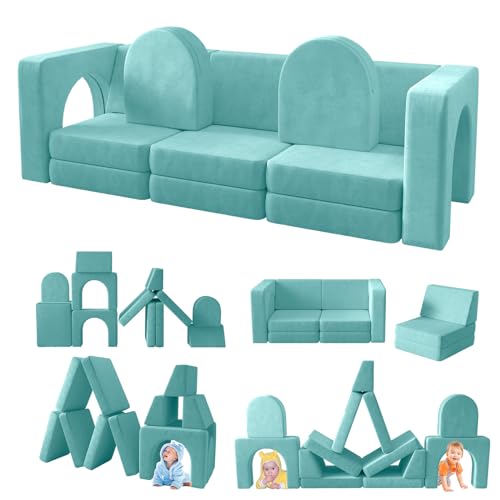 wanan Kids Couch 12PCS, Modular Kids Play Couch for Playroom Bedroom, 12 in 1 Multifunctional Kids Sofa for Playing, Creativing, Sleeping, Indoor Toddler Couch for Boys and Girls (Ice-snow Blue)