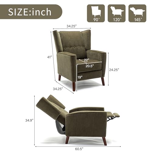 Wingback Recliner Chair Mid Century Push Back Recliner Chair with Button Tufted Upholstered Back & Footrest, Comfy Chenille Living Room Chair Manual Recliner Armchair, Wooden Legs, White